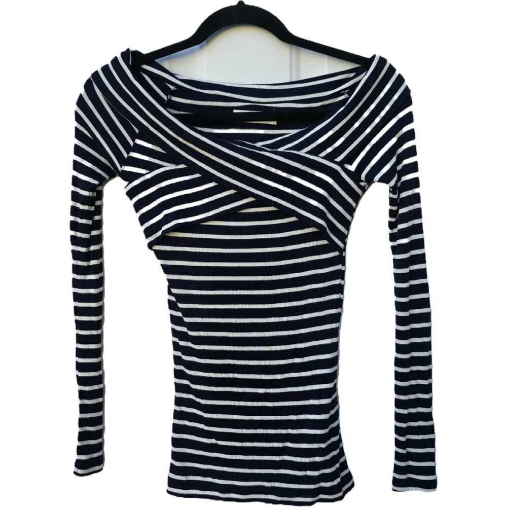 Abercrombie & Fitch XS Criss Cross Long Sleeve Striped Top NWT Ribbed Dark Blue